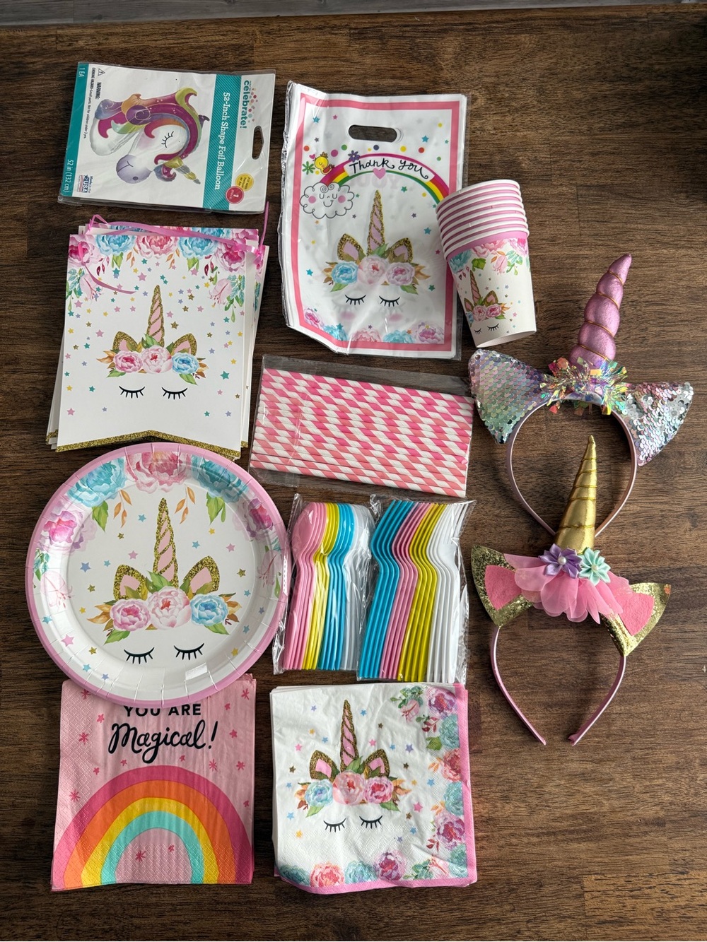 Unbranded Pink Unicorn Party Set — Plates, Cups, Napkins & Headbands